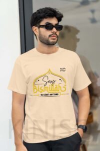 Image of Half Sleeve Round Neck Biscuit T-Shirt for Men Islamic Say Bismillah