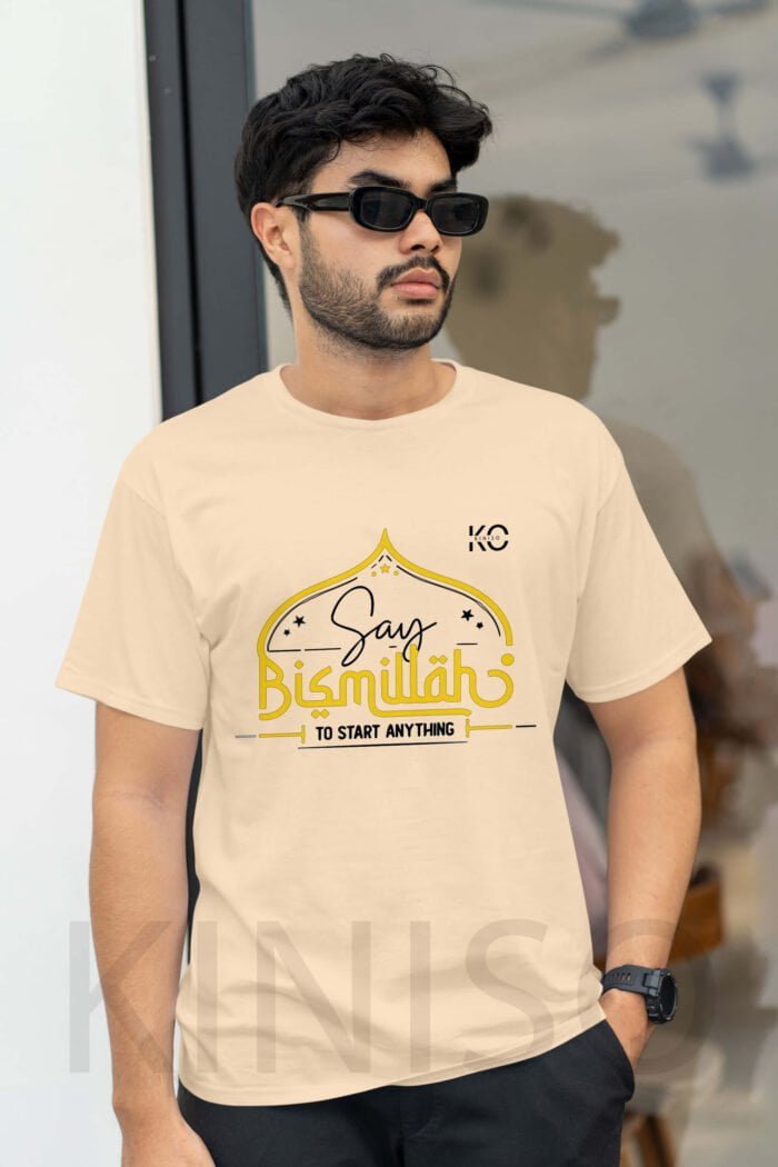 Image of Half Sleeve Round Neck Biscuit T-Shirt for Men Islamic Say Bismillah