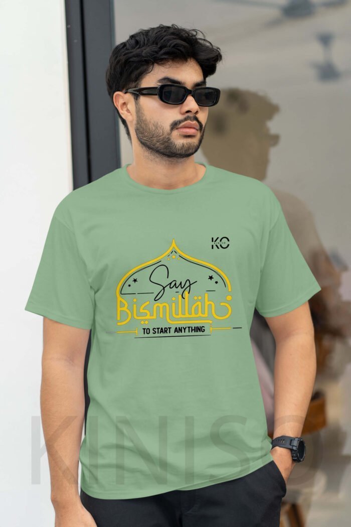 Image of Half Sleeve Round Neck Pastel Green T-Shirt for Men Islamic Say Bismillah