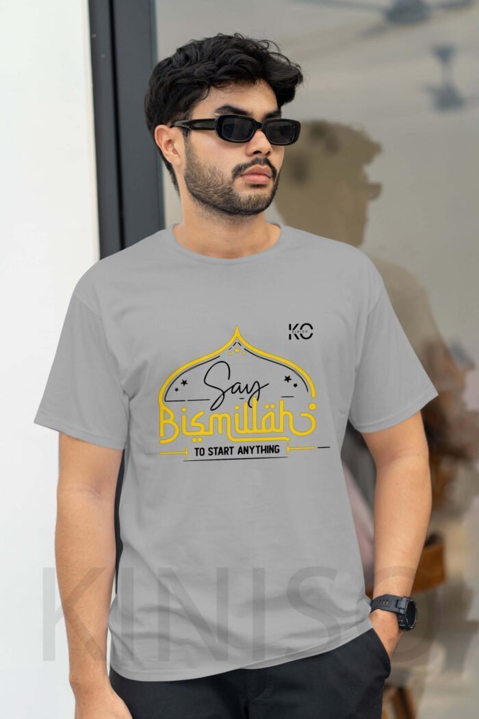 Image of Half Sleeve Round Neck Grey T-Shirt for Men Islamic Say Bismillah