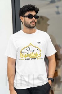 Image of Half Sleeve Round Neck White Islamic Tshirt for Men Islamic Say Bismillah