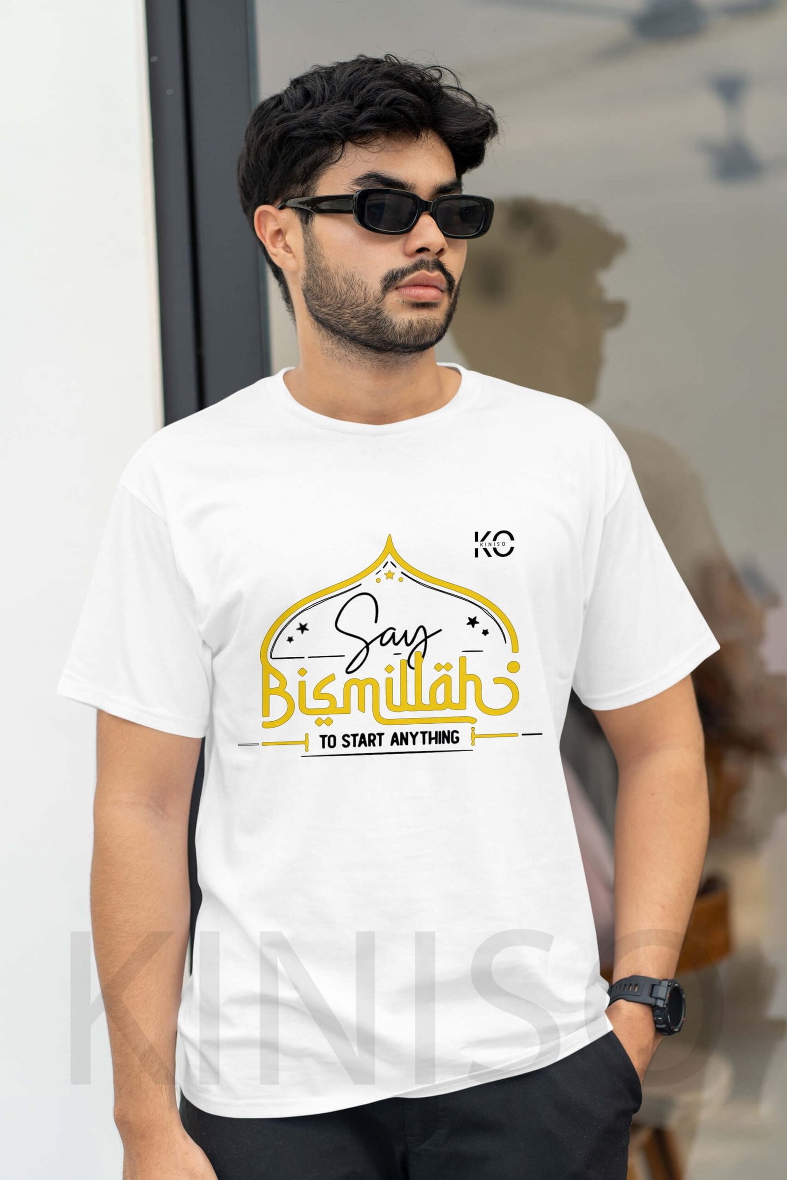 Image of Half Sleeve Round Neck White T-Shirt for Men Islamic Say Bismillah