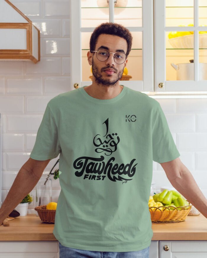 Image of Half Sleeve Round Neck Pastel Green T-Shirt for Men Islamic Tawheed