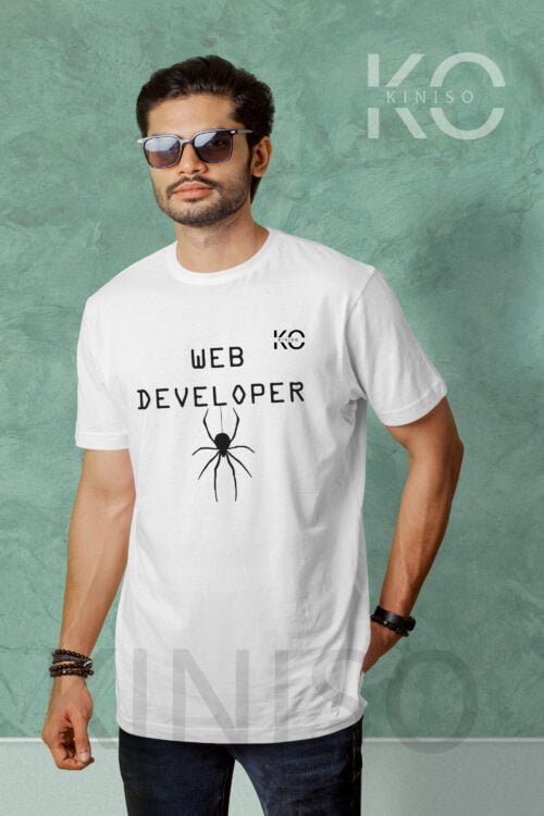 Image of Half Sleeve Round Neck White T-Shirt for Men Tech Web Developer