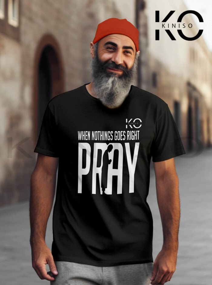 Image of Half Sleeve Round Neck Black T-Shirt for Men Islamic When Nothing Goes Right Pray