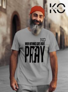 Image of Half Sleeve Round Neck Grey T-Shirt for Men Islamic When Nothing Goes Right Pray