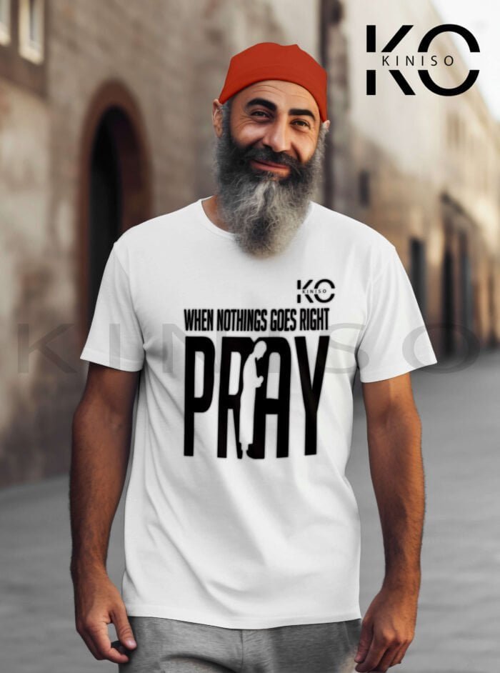 Image of Half Sleeve Round Neck White T-Shirt for Men Islamic When Nothing Goes Right Pray