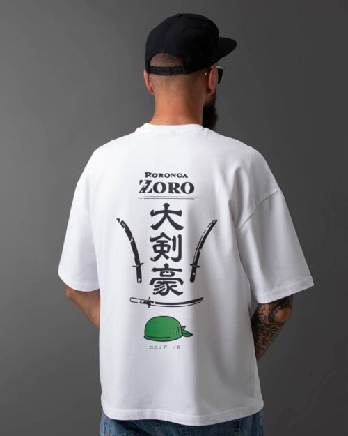 Image of Drop Shoulder Round Neck White T-Shirt - Zoro Back