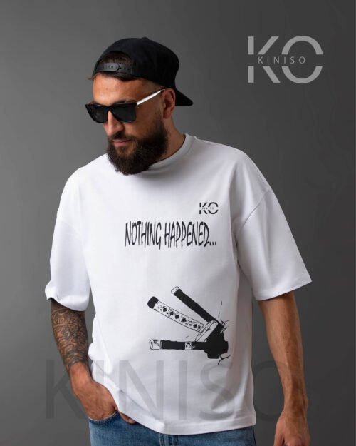 Image of Drop Shoulder Round Neck White T-Shirt - Zoro Front