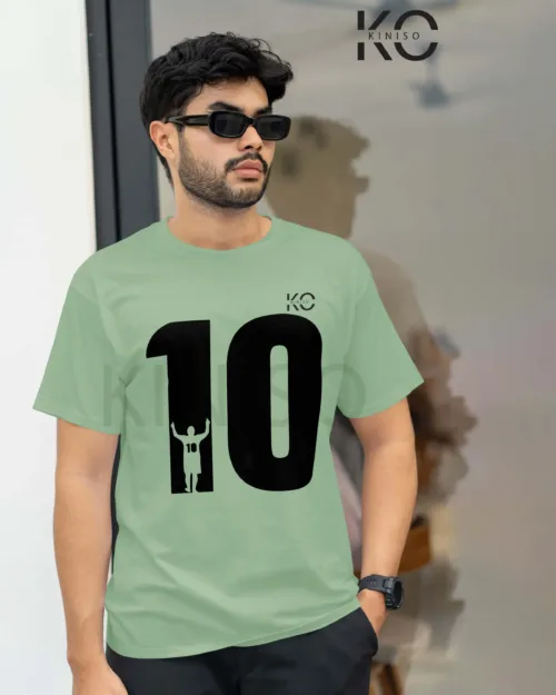 Image of Pastel Green Color Messi 10 Pose Half Sleeve Crew Neck T-Shirt for Men in Bangladesh By KINISO