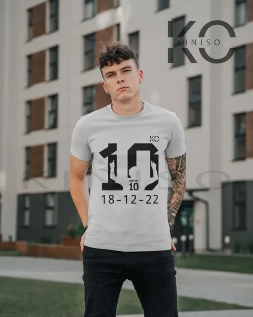 Image of Light Grey Color Messi world cup winning date 18 12 2022 Half Sleeve Crew Neck T-Shirt for Men in Bangladesh By KINISO