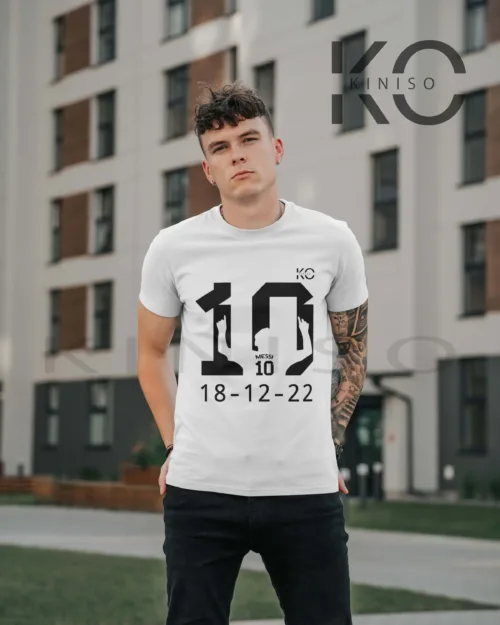 Image of White Color Messi world cup winning date 18 12 2022 Half Sleeve Crew Neck T-Shirt for Men in Bangladesh By KINISO