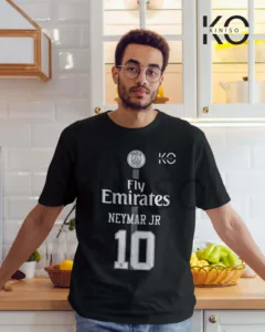 Neymar Jr Casual Tshirt – Fly Emirates 10 in black wearing by a man