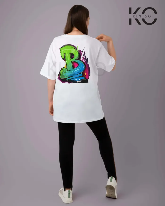 Image of women's hip hop t shirts B graffiti design print Back part white color