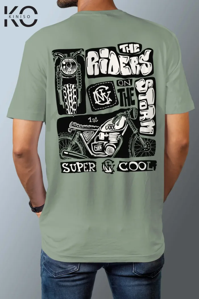 Image of Bike Rider Tees with Humorous Slogans design The Riders printed back part Green color