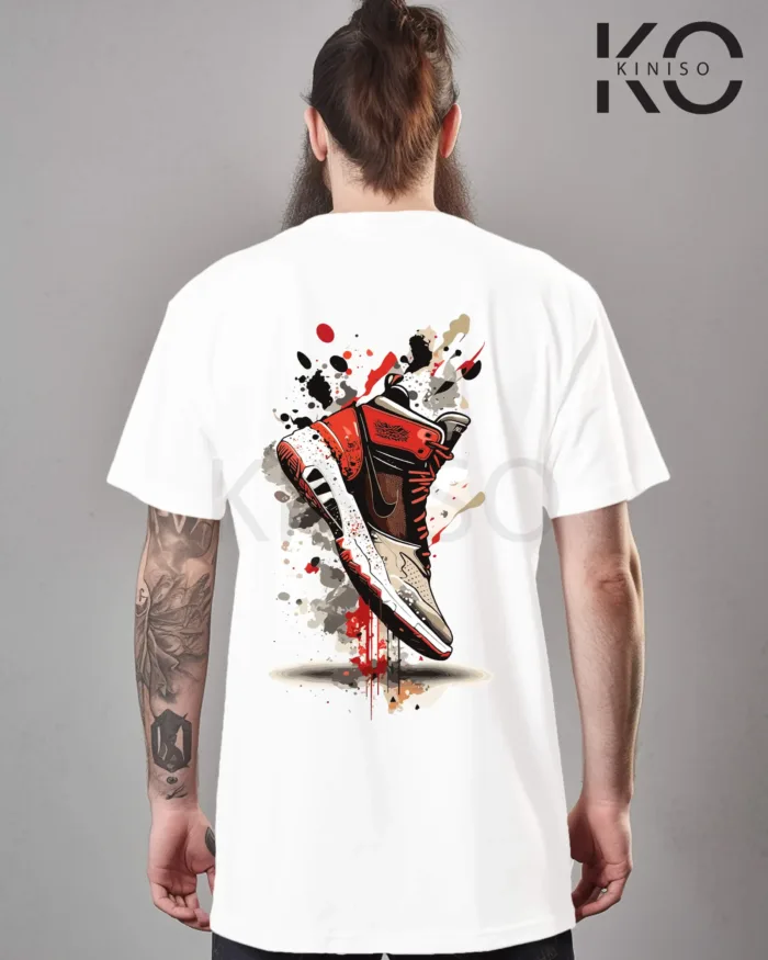 Image of NBA graphic t shirts of Basketball shoe Grafitti printed Back part white color