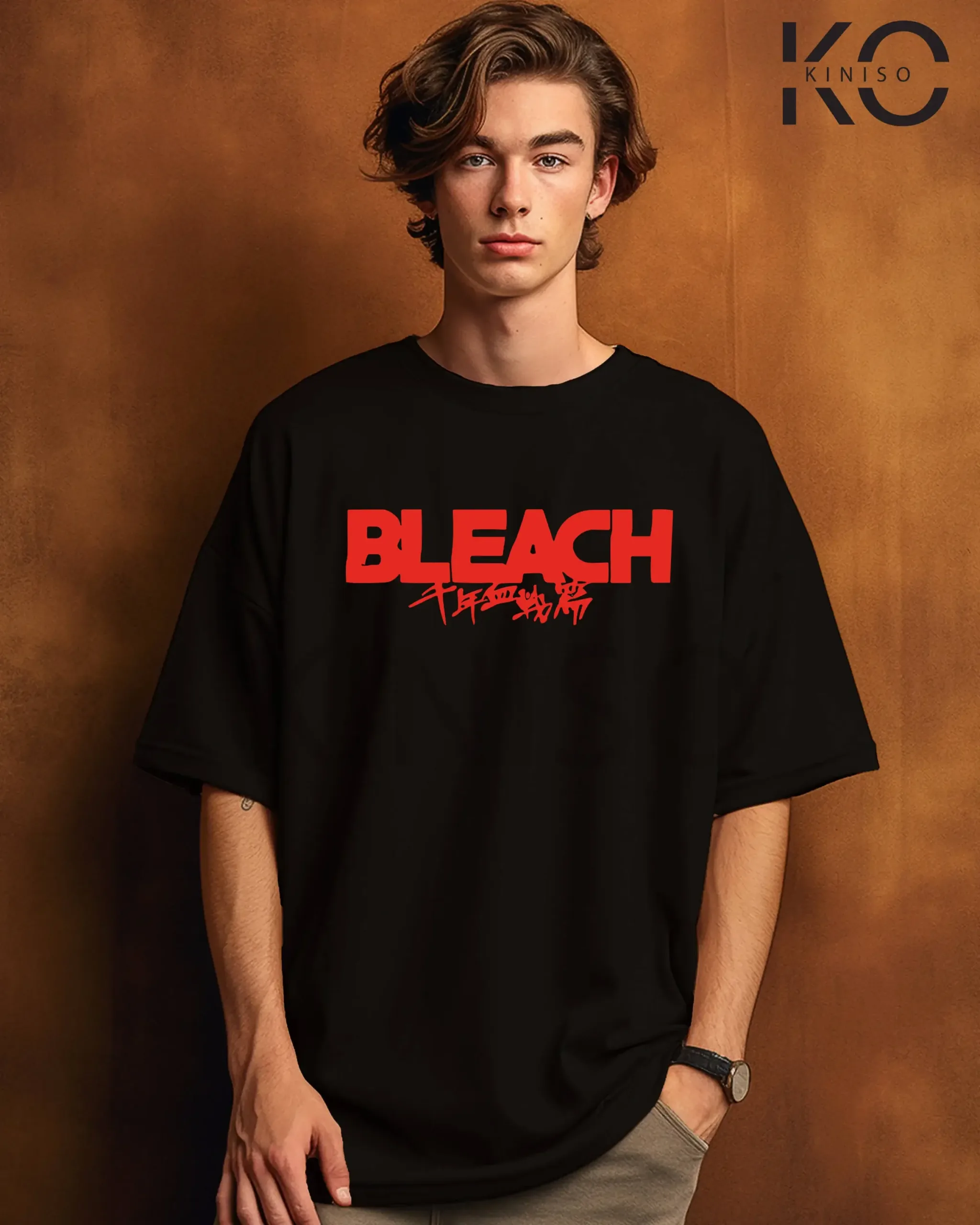 Image of Black color drop shoulder Manga printed t-shirt for men with Bleach anime Thousend Year Blood War Design