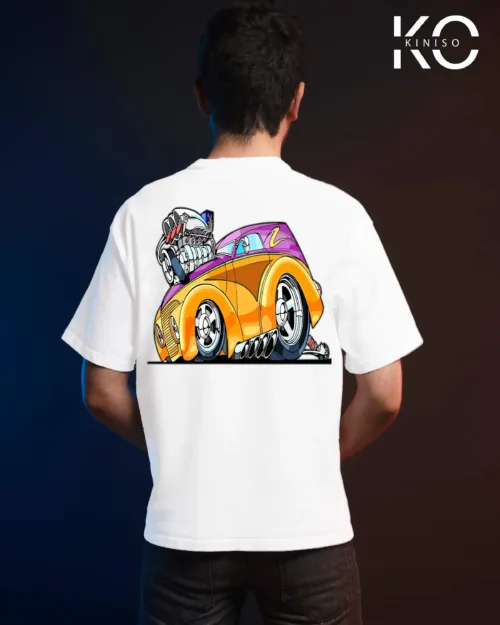 vintage car t shirt with Car engine in front Back part White