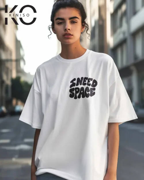 Image of hip hop graphic t shirts with I Need Space logo printed white color for women