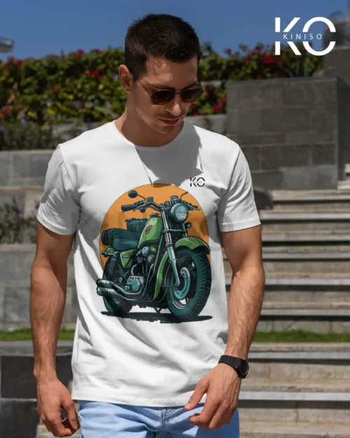 Image of Graphic Tees Featuring Iconic Bike Scenes Military Motorbike White