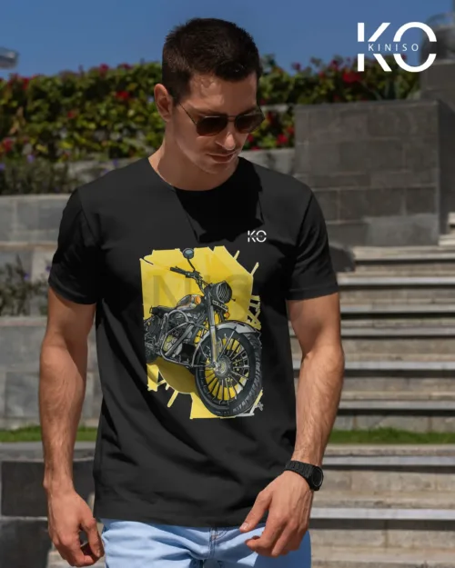 Image of Half Sleeve T-Shirts for a Classic Look with Motorcycle in Yellow Background Black color