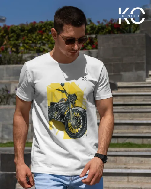 Image of Half Sleeve T-Shirts for a Classic Look with Motorcycle in Yellow Background White color