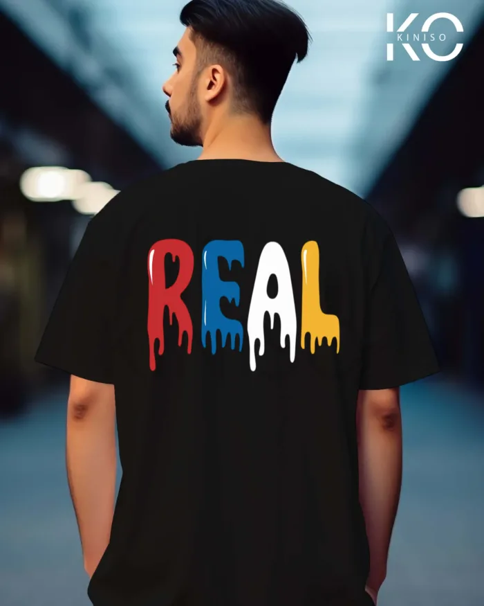 Image of retro hip hop t shirts with Real text printed Back part Black color