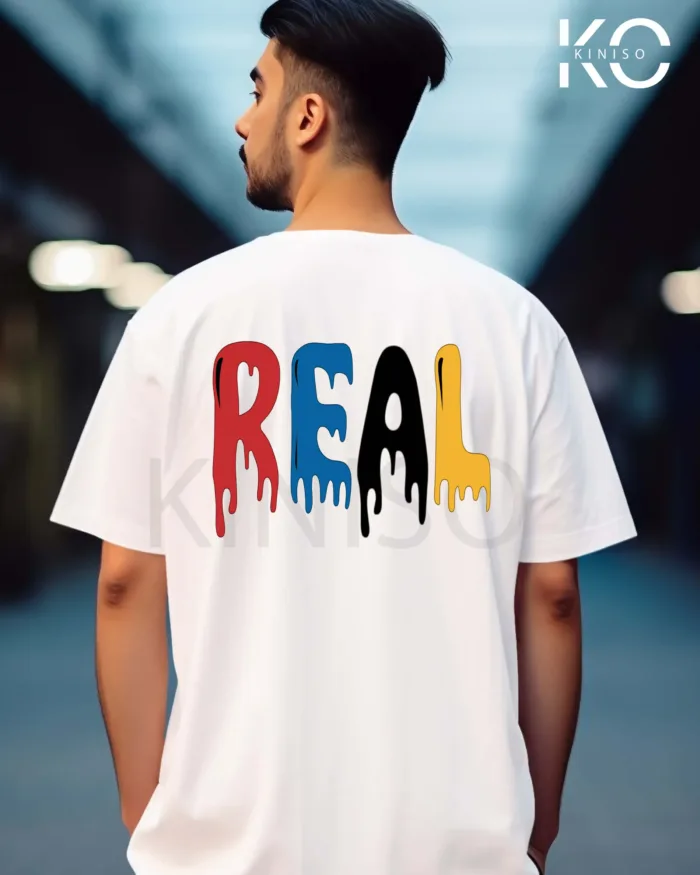 Image of retro hip hop t shirts with Real text printed Back part white color