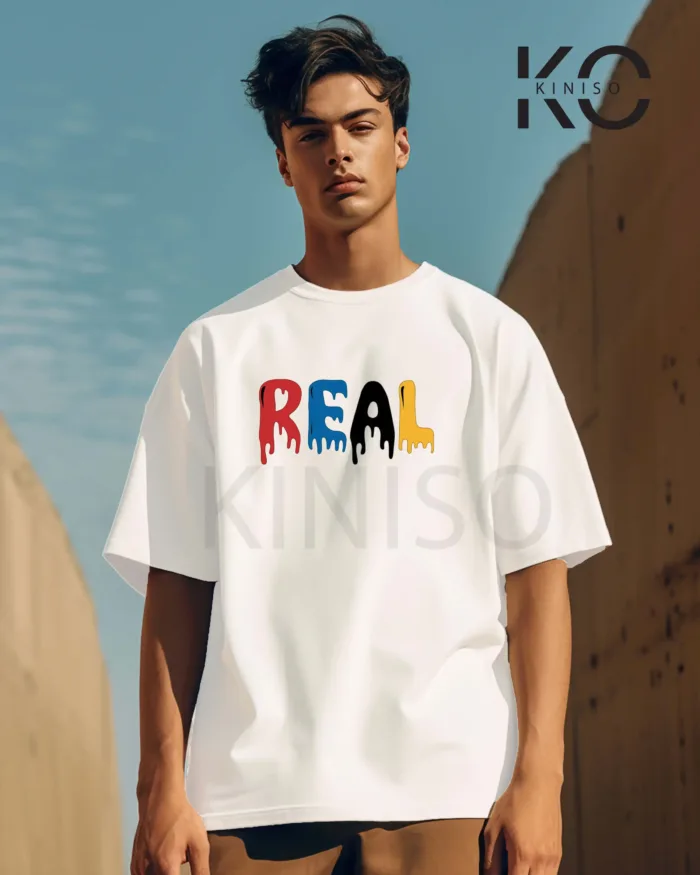 Image of retro hip hop t shirts with Real text logo printed white color