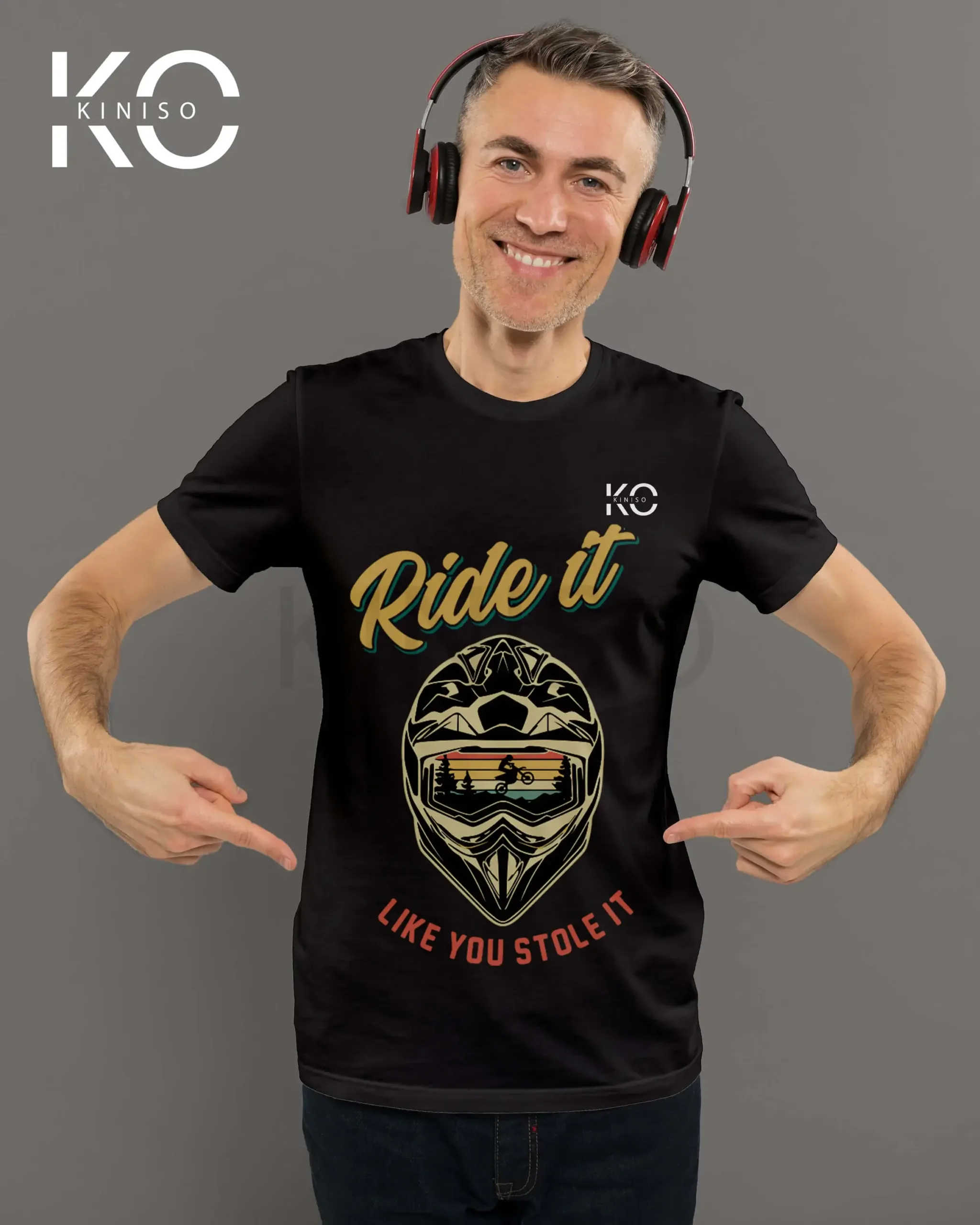 Image of Graphic Tees Featuring Iconic Bike Scenes with Ride Like stole it Helmet printed Black color