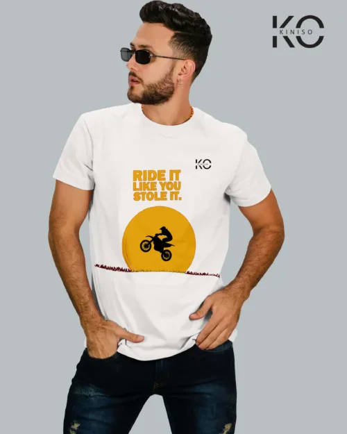 Image of Bike Rider Tees with Humorous Slogans with Ride it like you stole It White color printed