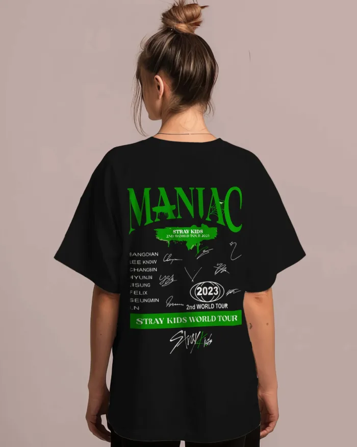 Image of Black color K-pop drop shoulder t-shirt back side with stray kids maniac design for women