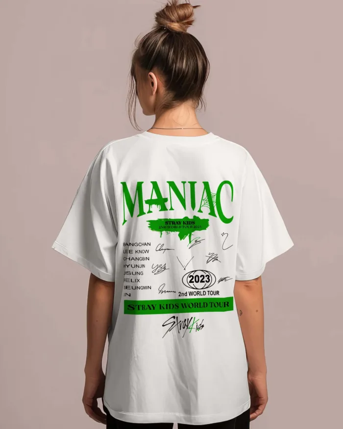 Image of White color K-pop drop shoulder t-shirt back side with stray kids maniac design for women