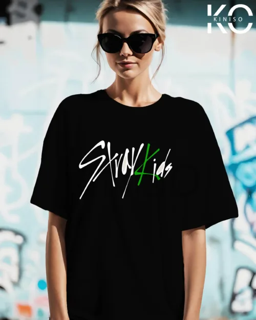 Image of Black color K-pop drop shoulder t-shirt Front side with stray kids maniac design for women