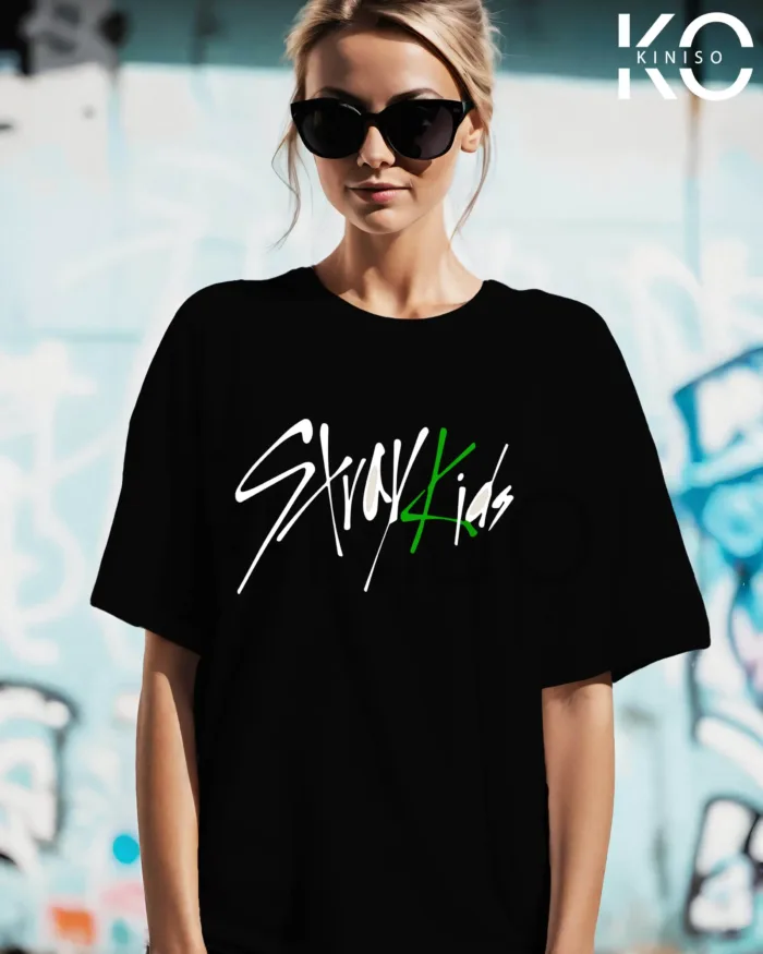 Image of Black color K-pop drop shoulder t-shirt Front side with stray kids maniac design for women