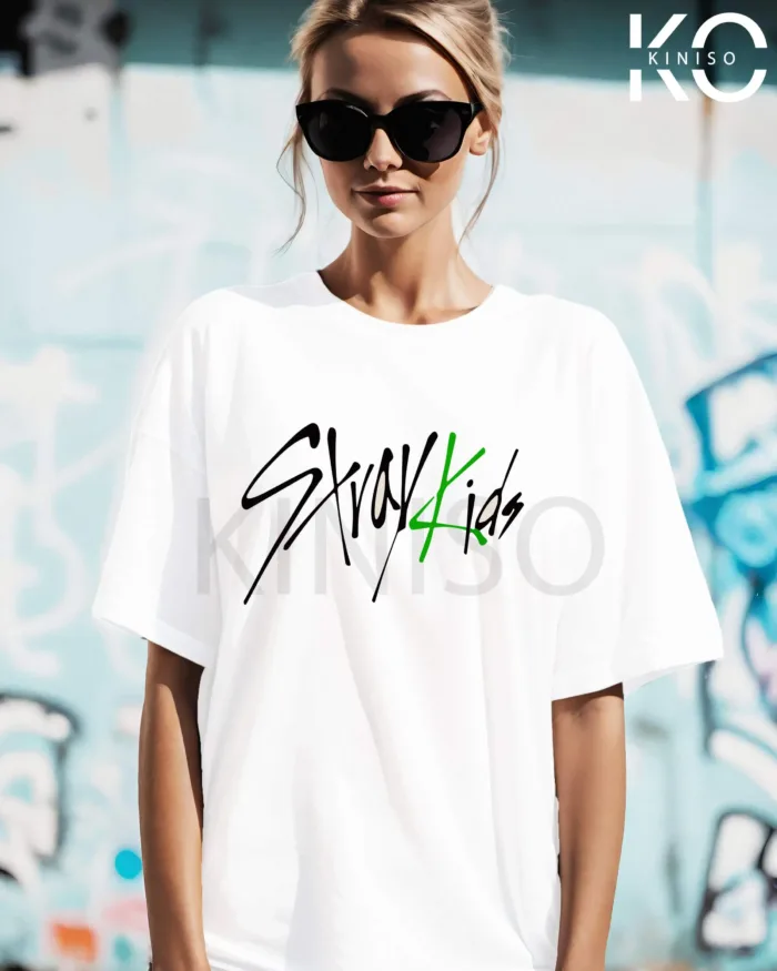 Image of White color K-pop drop shoulder t-shirt Front side with stray kids maniac design for women