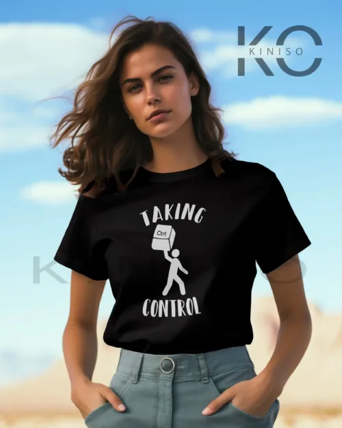 Image of Black color engineered t-shirt for women with taking control design