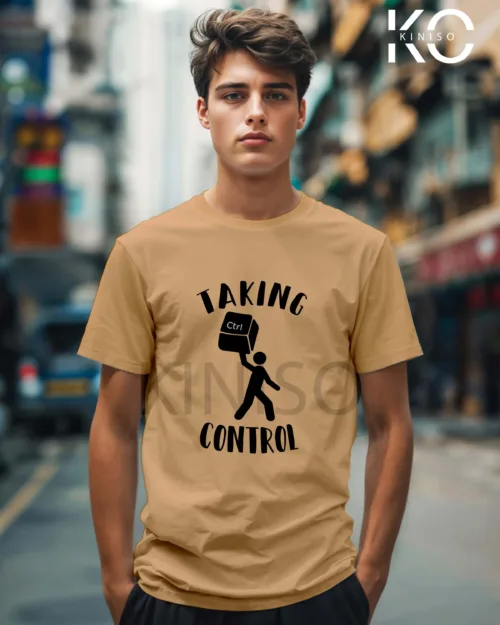 Image of Biscuit color engineered t-shirt for men with taking control design