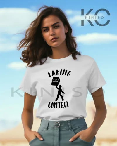 Image of White color engineered t-shirt for women with taking control design