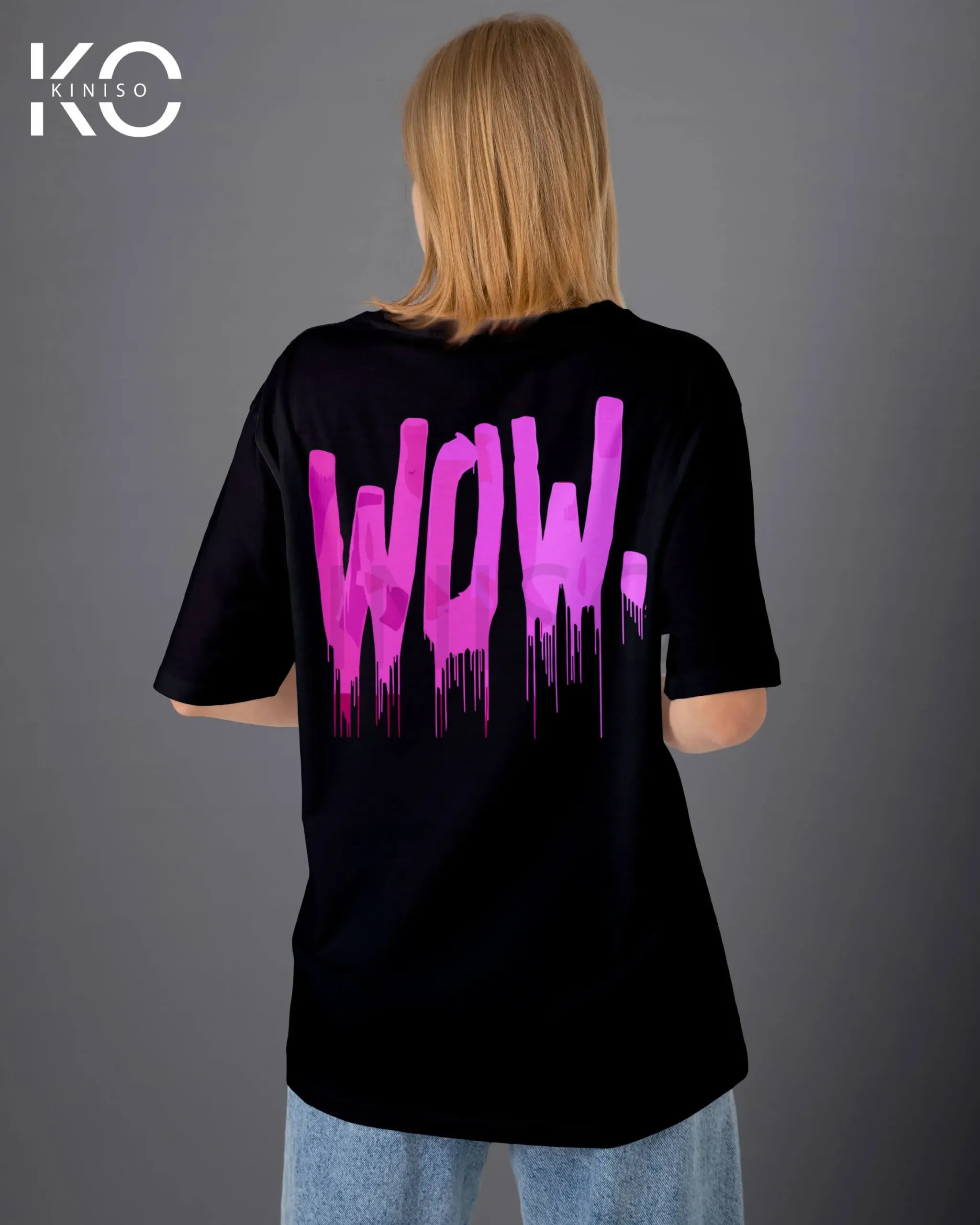 Image of vintage hip hop t shirts with Wow text design print Back part Black color