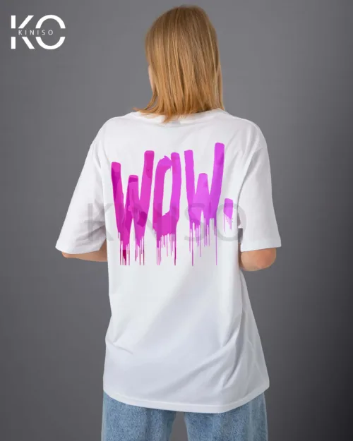 Image of vintage hip hop t shirts with Wow text design print Back part white color