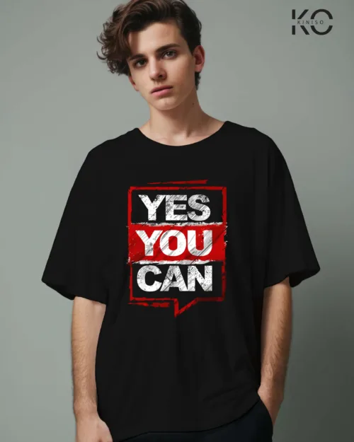 Image of Yes You Can Designed Black Color Drop Shoulder Printed T-Shirt for GYM Persons