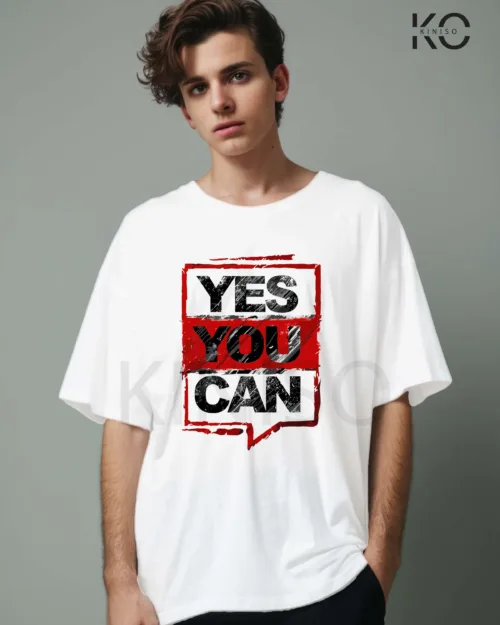 Image of Yes You Can Designed White Color Drop Shoulder Printed T-Shirt for GYM Persons