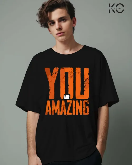 image of Black color oversized You are Amazing printed gym t-shirt for men