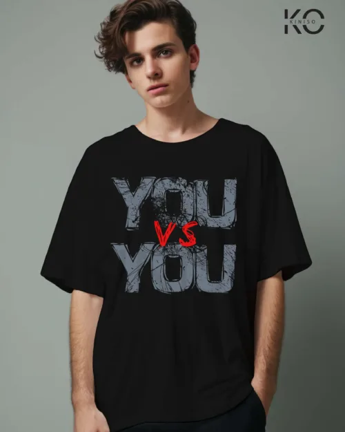 Image of Black color gym themed t-shirt for men with you vs you print