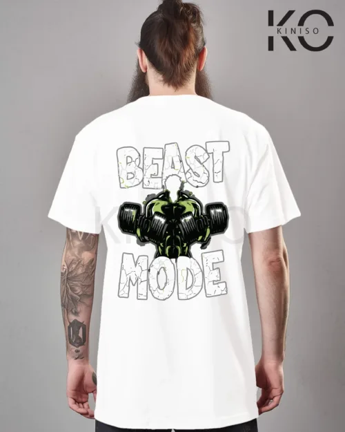 Mens gym t shirt Beast mode Logo Back part White