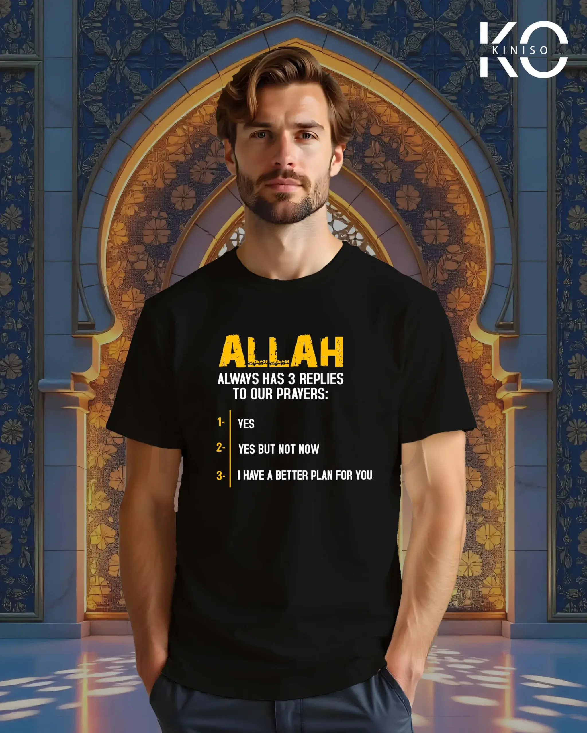 Image of Black Color Allah Reply Printed Islamic T-Shirts for Muslim Men