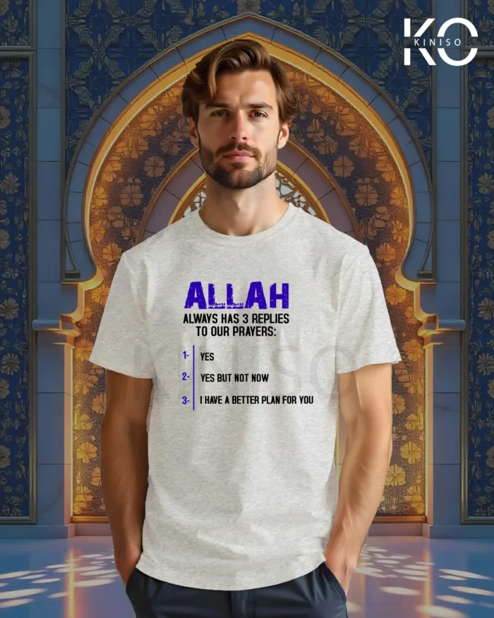 Image of Grey Color Allah Reply Printed Islamic T-Shirts for Muslim Men