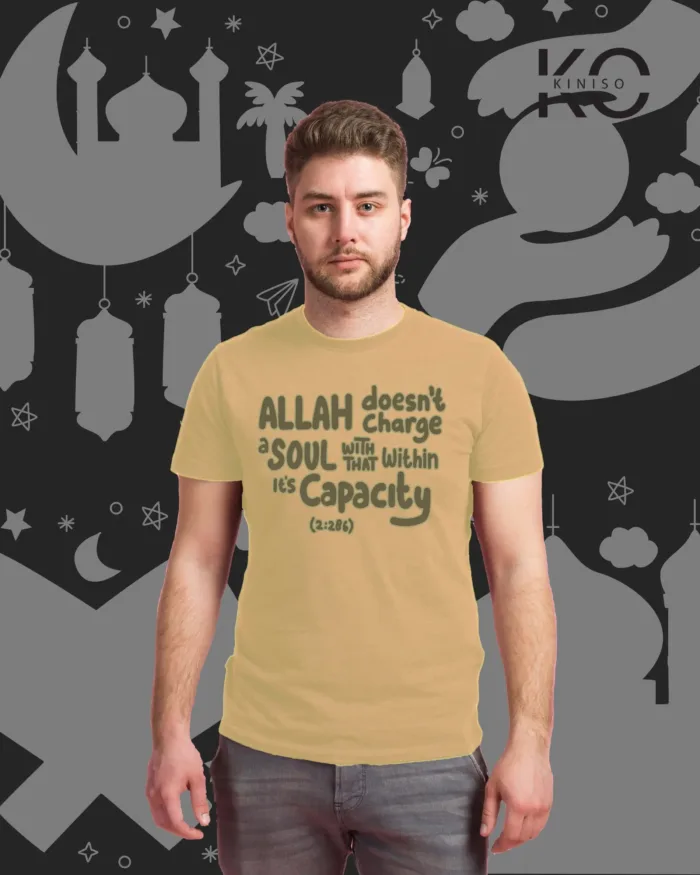 Image of Biscuit Color Allah Does Not Charge SoulPrinted Islamic T-Shirts for Muslim Men