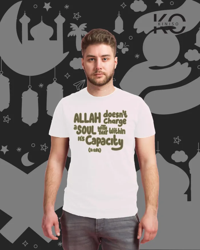 Image of White Color Allah Does Not Charge SoulPrinted Islamic T-Shirts for Muslim Men